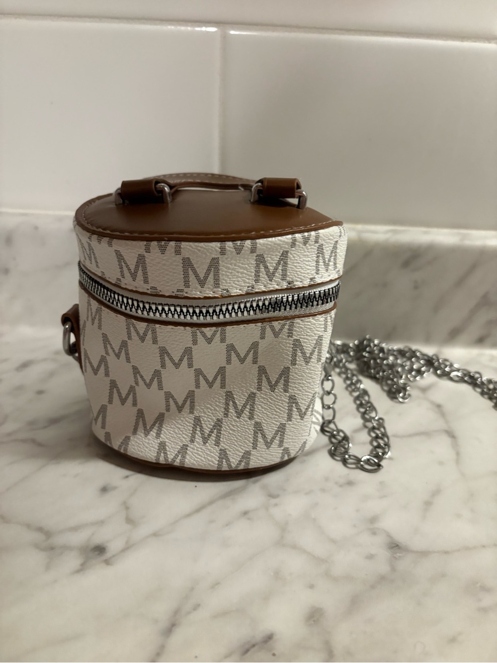 White and Brown Mini Cylinder Crossbody Bag with Chain